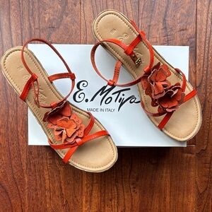 NEW E. Motiva Italian Orange Leather Floral Accent Strappy Wedge Sandals | 9.5